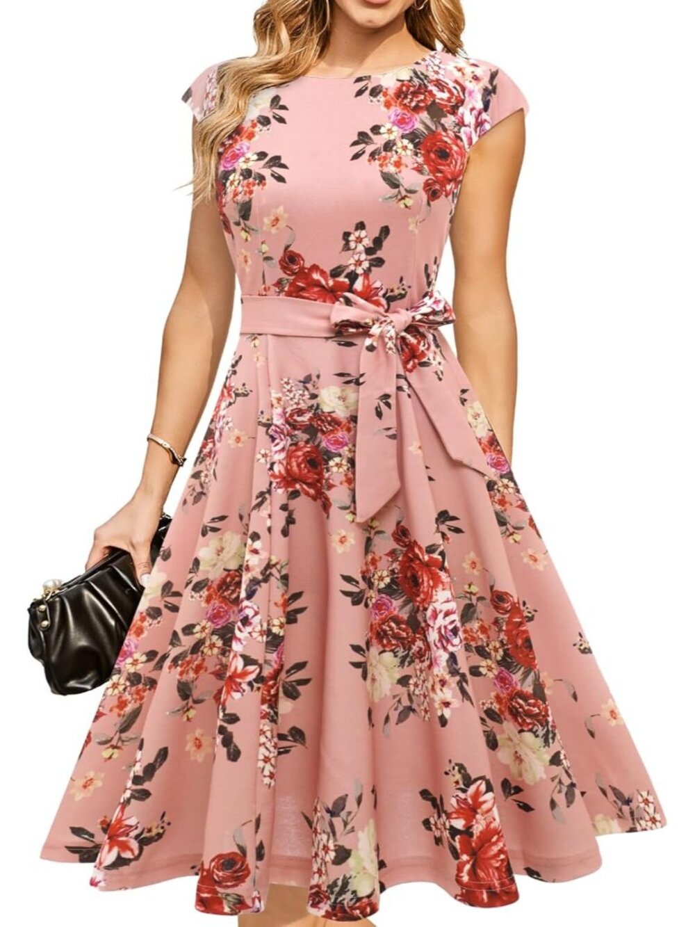 Women's Blush Flower Cocktail A-line Detachable Belt Formal Wedding Guest Dress